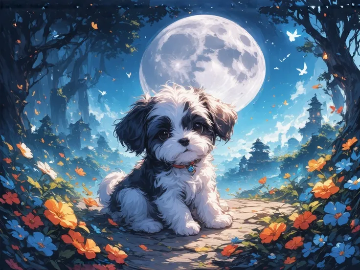 프렌치 불독 puppy 보라색 moon빛이 비추는 어느 몽환적인 숲 속 puppy가 잠들어 있습니다 puppy 주위론 반딧불이 같은 반짝이는 것들이 날아 세계가 아닌듯한 누구라도 멍 때리고 구경할만한 몽환적인 숲 속 안에 puppy가 행복하게 잠들어 있습니다 그 옆으론 작은 시냇물이 흐르고이 세계가 아닌듯한 누구라도 멍 때리고 구경할만한 몽환적인 숲 속 안에 puppy가 행복한 듯 평온하게 잠들어 있습니다 그 옆으론 작은 시냇물이 흐르고 공중에는 반딧불이...