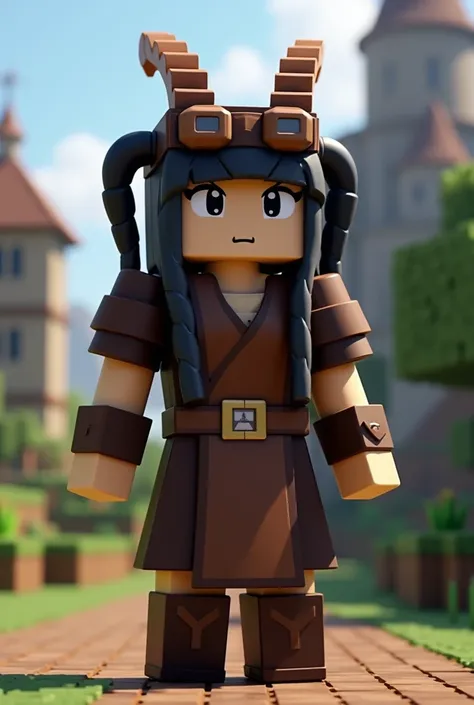 Minecraft model character that looks like from medieval with 2 small brown horns like a goat, wears a brown goggles. Black pony tails hair