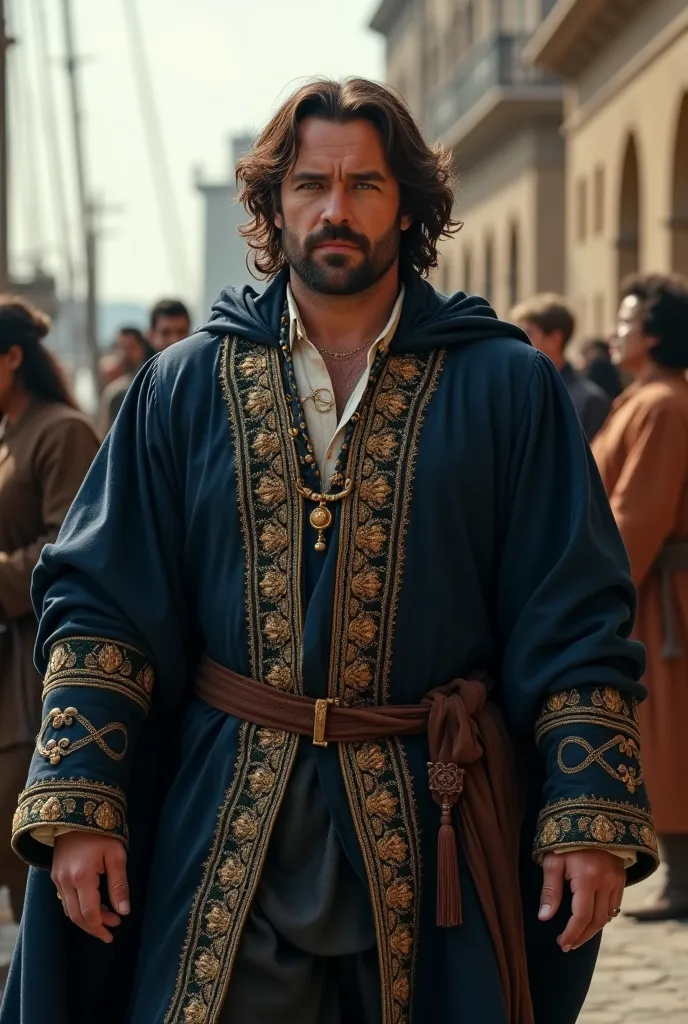 A burly late 15th century Italian navigator, age 44, wearing a dark blue Renaissance explorer's outfit with gold detailing, medium length wavy dark brown hair, pronounced jaw, intense green eyes, walks along the docks of Genoa in the year 1492, cinematic l...