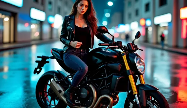 A stunning, full-body cinematic shot of Gisele Harabo stepping out of her sleek black Ducati Streetfighter S in a modern city setting at night, with neon lights reflecting off the wet pavement. She has long, wavy dark brown hair flowing naturally, sharp fa...