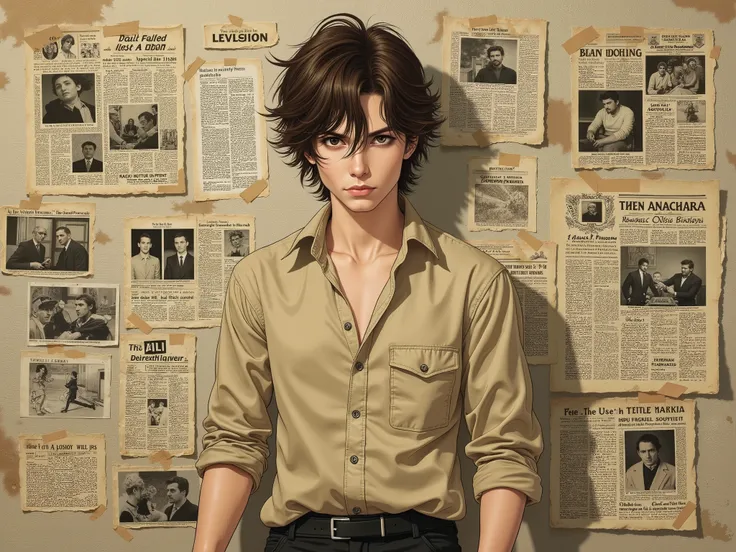 
A semi-realistic anime-style portrait of a young man with tousled, wavy dark brown hair and piercing eyes, exuding an intense and mysterious aura. He wears a slightly unbuttoned beige shirt with visible creases and black pants giving a natural and relaxed...