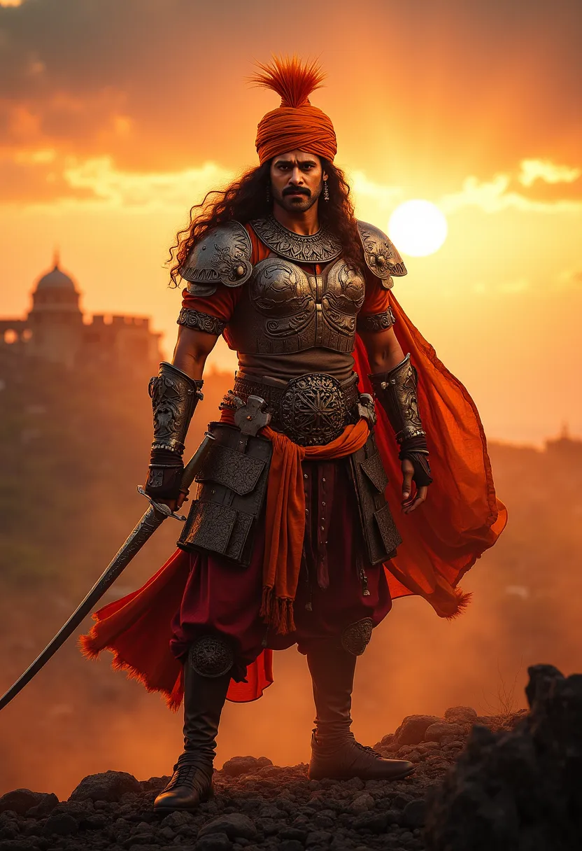 A fierce Maratha warrior with a strong, royal presence, wearing traditional 17th-century Maratha armor, a saffron turban, and holding a sword. He has a determined gaze, a thick mustache, and a warrior's physique. The background features a grand fort on a h...