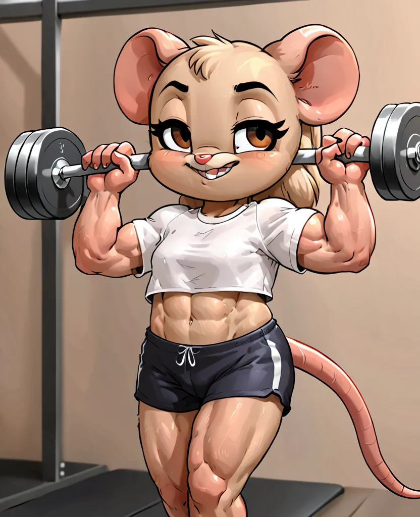 Little female mouse with brown and cream-colored muscles and fur and pretty brown eyes and she wears a short exercise shirt and sports shorts and her muscles are well toned and well defined and she is a girl and she is very cute and she is exercising as if...