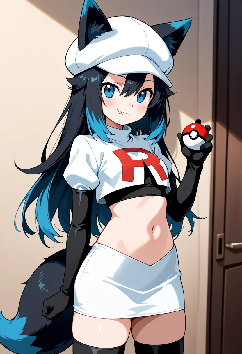 masterpiece, best quality, amazing quality, innocent smile, happy aura, small breasts, short height, looking at viewer, snaggle tooth, closed mouth, happy, short height, 1girl, solo, fox ears, kemonomimi, long black hair, blue streaks, blue hair, multicolo...