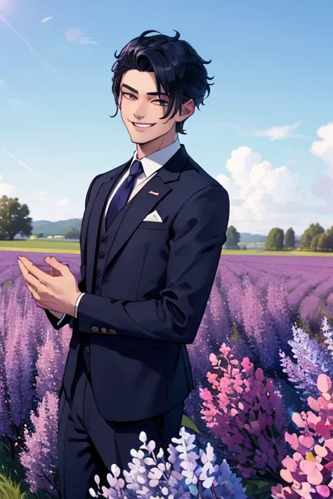 Perfect face. Perfect hands. A dark blue haired man with silver eyes and short hair and fangs in a fancy suit is smiling while gathering Lilacs from a field.