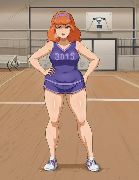 score_9, score_8_up, score_7_up, BREAK, 1girl, solo, daphne_blake, orange hair, black eyes, long hair, no pupil, no sclera, purple hairband, jewelry, makeup, casual, cowboy shot, blue eyes, looking at the viewer, large breasts, hand on hips, purple tanktop...