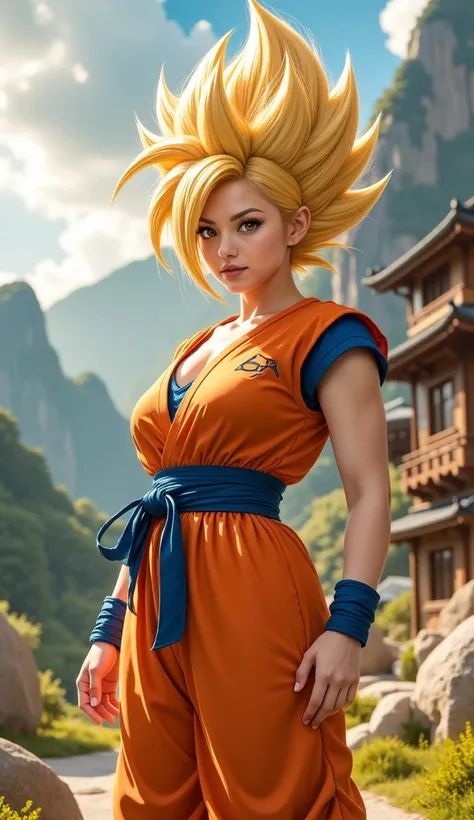 A hyper-realistic image of a powerful, female version of Goku, but reimagined with a curvier, strong physique. her hair is spiky and voluminous, similar to the classic fighting style, but in a vibrant shade of gold. The hair is erect and full of energy, re...