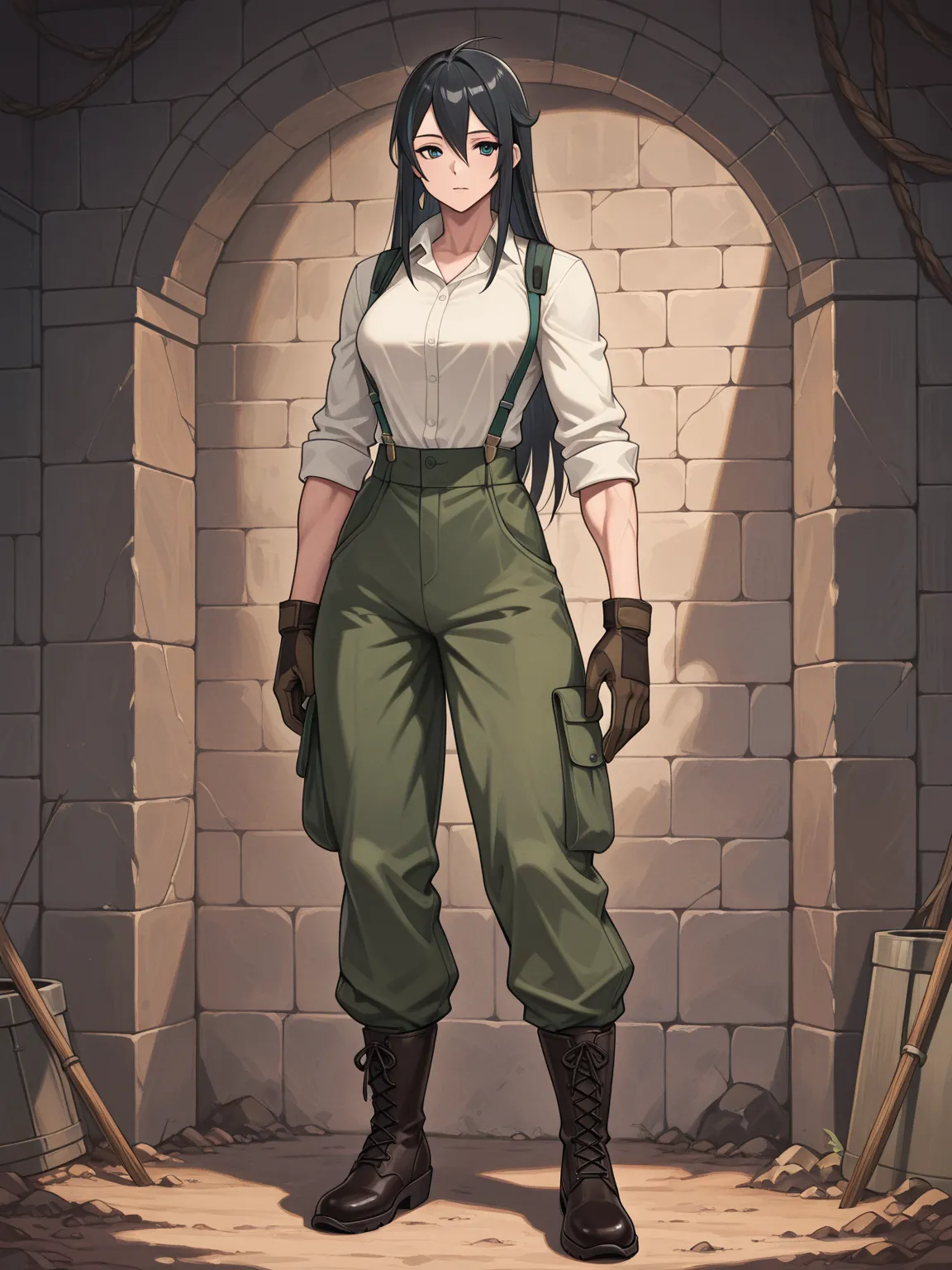 Adult woman, with a tall stature, long black hair, arms with well-defined muscles, well-defined legs, wearing cargo pants, a shirt with rolled-up sleeves, gloves with the fingertips exposed, suspenders, and short-heeled boots. Front-facing image, full body...