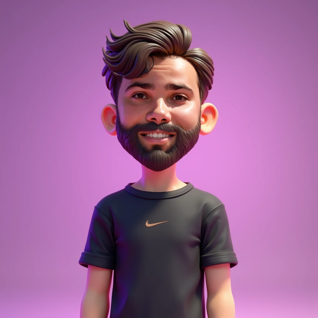 Create a 3D character in  ,  Seen from the front ,  maintaining the same pose as the reference image .  The character must have short and well-defined hair , stylized beard  ( in a cute and cartoony style )  and exaggerated facial features for a playful an...