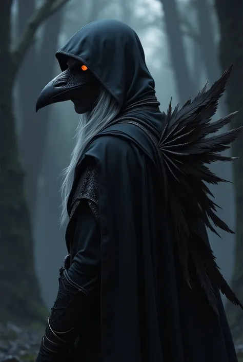 Cloaked male archer with a raven mask, dark ash skin, white hair falling to his shoulders and orange eyes and raven feather's on his back, in profile