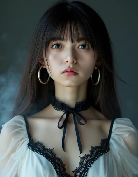 Asuka, The image is a close-up portrait of a young woman with long, dark hair and bangs. Snow-white skin. Her hair is slightly tousled, giving a casual. She is wearing large hoop earrings. she looked at the camera expressionlessly. The background is dark g...