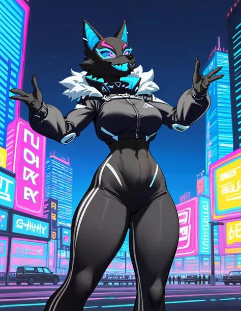 Anthro, furry female, Three-Quarter view, blue inner ear, black fur, black body, blue sclera, wearing black jacket black pants, tall and curvy, athletic build, dynamic pose, grinning, happy, neon city background,  flat colors, looking away 