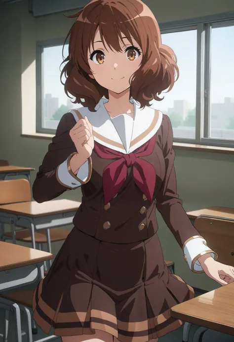 masterpiece, best quality, ultra detailed, highres,4k, 1girl, solo, oumaekumiko, brown hair,brown eyes,short hair, kitauji high school uniform, red neckwear, brown pleated miniskirt, white sailor collar, buttons, long sleeves, smile, cowboy shot, euphonium...