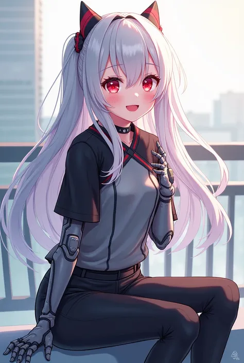 ,  best quality, You can make an 18-year-old girl,  light leather balcony,  white hair,  red eyes, grey robotic armlets, black and gray shirt,  black pants, Smile of happiness,  Anime style 