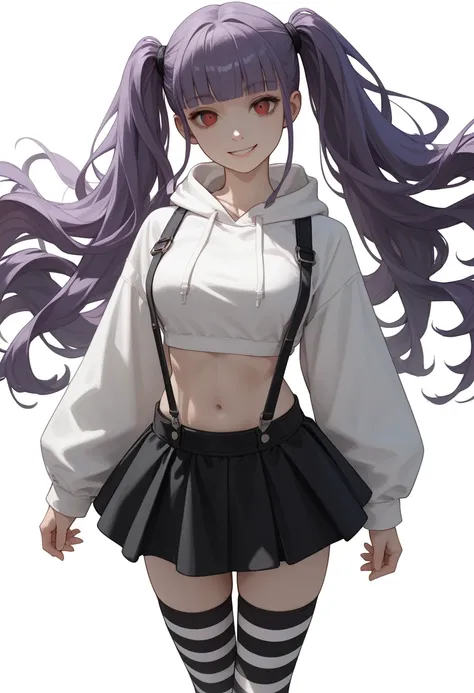 best quality, amazing quality, very aesthetic, absurdres, 1girl, althea, purple hair, blunt bangs, twintails, long hair, red eyes, white cropped hoodie, white long sleeves, suspenders, black suspenders skirt, navel, medium breasts, black and white striped ...