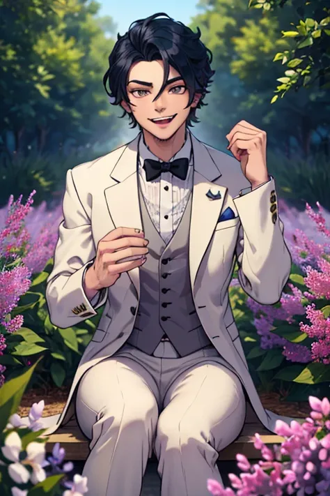 Perfect face. Perfect hands. A dark blue haired man with silver eyes and short hair and fangs in a fancy suit is smiling while sitting in a lilac field.