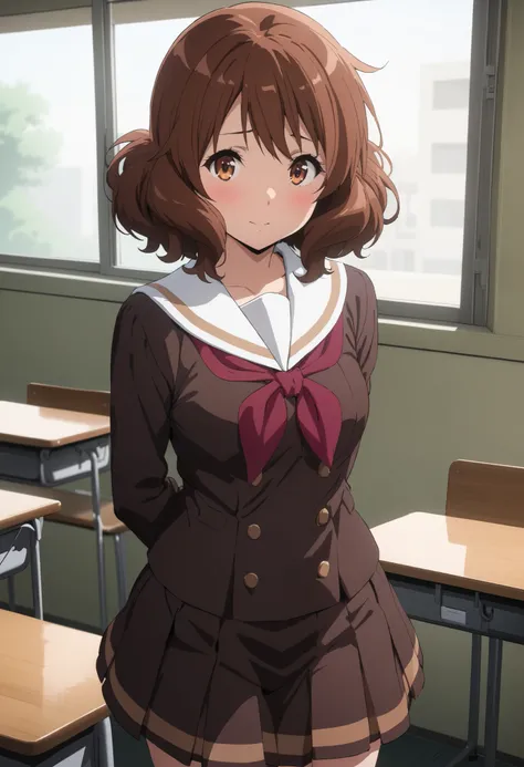 masterpiece, best quality, ultra detailed, highres,4k, 1girl, solo, oumaekumiko, brown hair,brown eyes,short hair, kitauji high school uniform, red neckwear, brown pleated miniskirt, white sailor collar, buttons, long sleeves, blush, cowboy shot, euphonium...