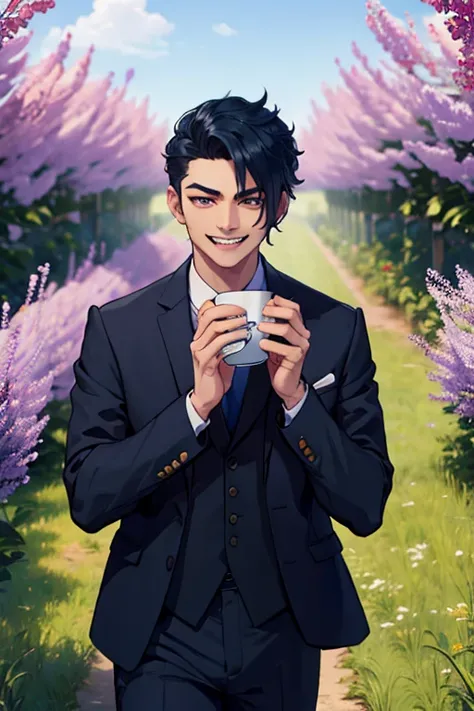 Perfect face. Perfect hands. A dark blue haired man with silver eyes and short hair and fangs in a fancy suit is smiling while sipping tea in a lilac field.