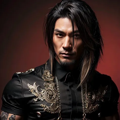 1 man, Japanese man, male, Asian eyes, muscular, broad shoulders, tattoos, hairstyle Visual Kei style, hair Visual Kei, black men's shirt and black pants, ultra detailed face and eyes, hyperrealistic, realistic representation, long hair, long hair, 40 year...