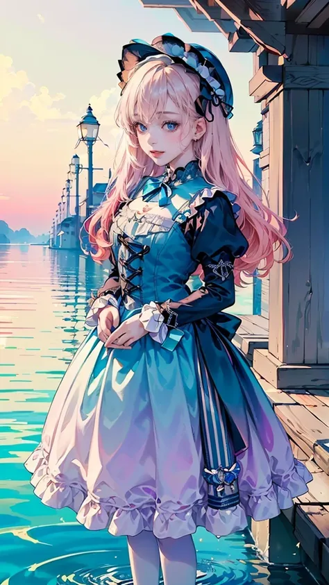 Front View of a person, Full-body Shot of a person, standing on the surface of water in 4K resolution, around 20 years old, (one female:1.5), smiling, (light pink hair:1.0, fluffy hair:1.0, long hair:1.0, half-up style:1.5 pale-tone pink hair, (light blue ...