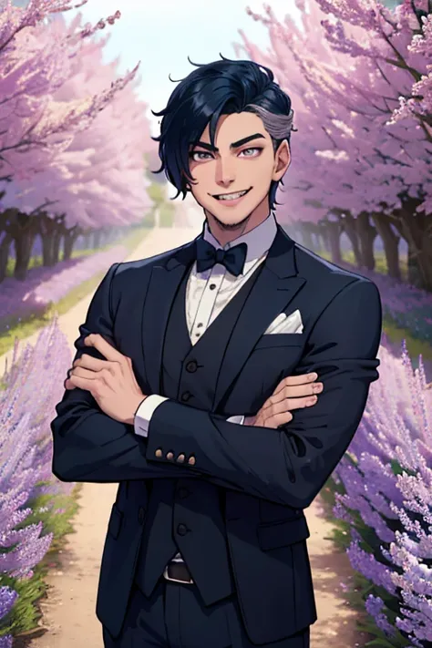 Perfect face. Perfect hands. A dark blue haired man with silver eyes and short hair and fangs in a fancy suit is smiling while posing in a lilac field.
