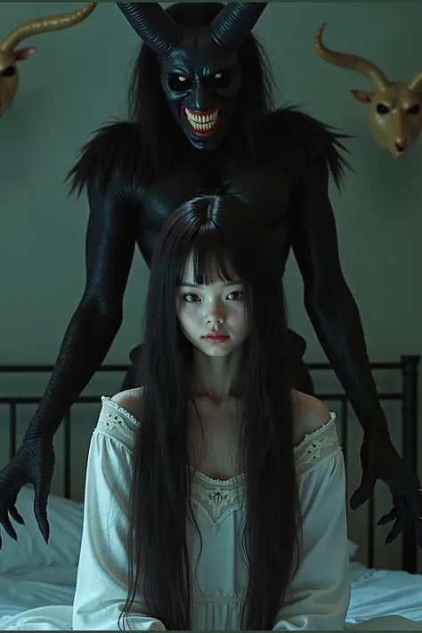 disturbing fusion of a girl and a demon, creating a singular creature that blends the features of both. The girl's innocent face merges with the demon’s terrifying traits, with pale skin and long, black hair. Narrows eyes with a chilling, sharp grin. Horns...