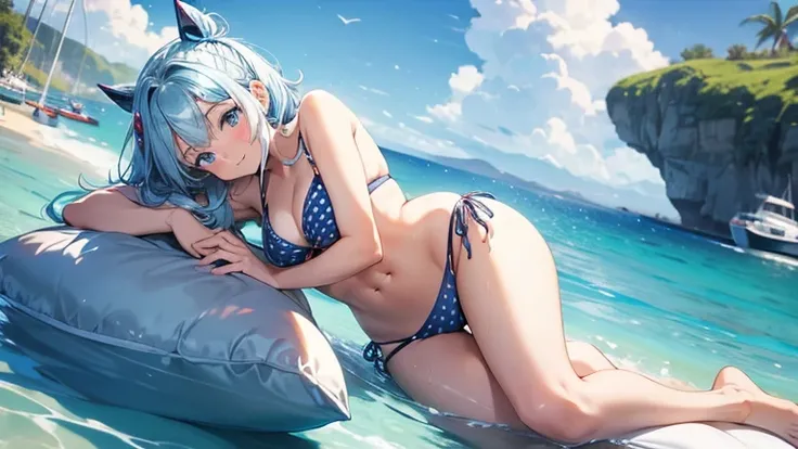 1_girl, solo,masterpiece, best quality,, curren chan (umamusume), smile ,light blue hair, blue eyes, cropped red polka dot bikini, sailboat on the water background,                                lying on her side, propped up slightly on one elbow, while h...