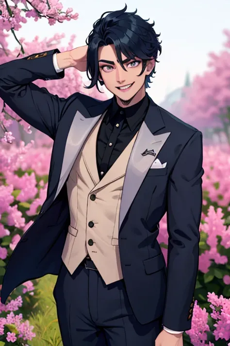 Perfect face. Perfect hands. A dark blue haired man with silver eyes and short hair and fangs in a fancy suit is smiling while posing in a lilac field.