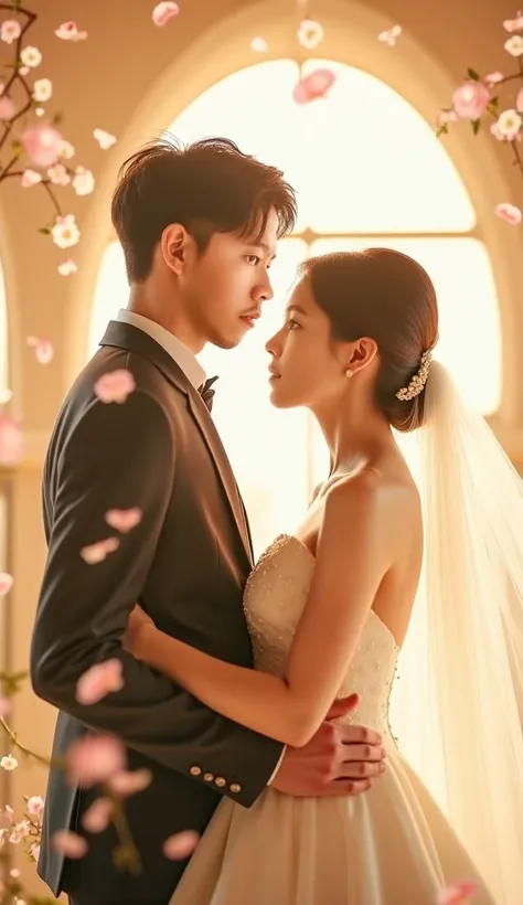 double exposure, cover photo of the film entitled "Friday Blessings". The cover shows a handsome Korean man with trendy short hair, wearing wedding clothes, and a beautiful japan woman hug wearing wedding clothes, standing smiling slightly facing the camer...