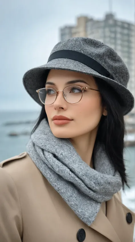  a realistic portrait photograph in front of a beautiful woman with brown eyes standing in a city overlooking the ocean, close-up,  Look up at the sky ,  beautiful and delicate detailed face ,  photo taken by a movie camera , , she has black hair, she's we...