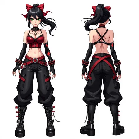 Anime character design, ((front view and back view)) ((full body)) with a gothic and punk aesthetic. Young woman with long black hair tied in a high ponytail with floating red ribbons. Irregular bangs on her forehead. Her gaze is defiant, with sharp, clear...