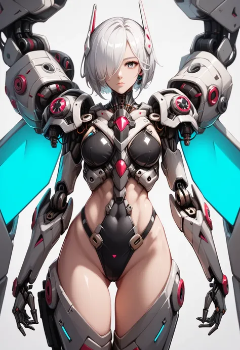 Machine Girl, Machine body , human parts of the sample, gray suit, mechanization, human skin,  Wish List , mechanization,  metal armor ,  big boobs, neckline, sexy armor, hair over one eye,  black swimsuit , perfectly highlight the complex anatomical featu...