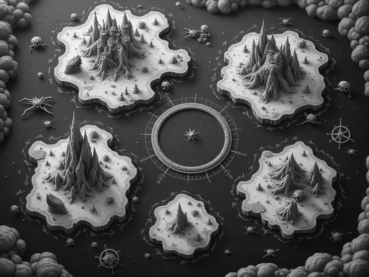 Create a map for a fantasy world with six archipelagoes. The image must be dark , like a pirate map, And it must have 6 seas. The map is black and white and contains illustrations of skulls, compasses and sea monsters, In addition to having a whirlwind in ...