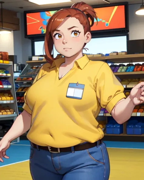 ( masterpiece,  the best quality , beautiful detailed eyes,  kinematic lighting ), adult, 
1 girl (big fat body), Alone ,   cowboy shot ,
employee,   yellow shirt,  blue pants ,  name tag , (clothes that fit your big, fat body size).