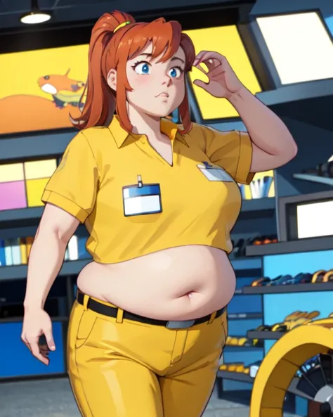 ( masterpiece,  the best quality , beautiful detailed eyes,  kinematic lighting ), adult, 
1 girl (big fat body), Alone ,   cowboy shot ,
employee,   yellow shirt,  blue pants ,  name tag , (clothes that fit your big, fat body size).