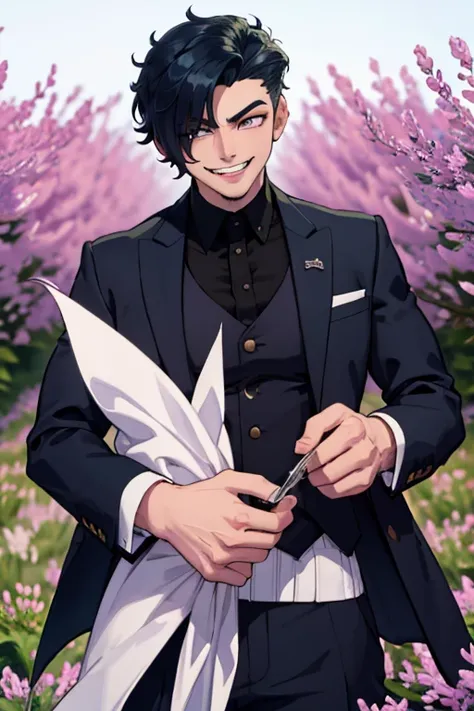 Perfect face. Perfect hands. A dark blue haired man with silver eyes and short hair and fangs in a fancy suit is smiling while posing in a lilac field.