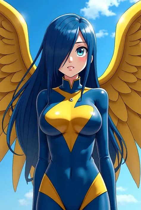 Screenshot of My Hero Academia 
Girl with long blue hair that covers one eye, with large and wide yellow wings , with one blue eye and the other brown, that he wears a sexy superhero costume that matches his power to control water, UA training camp scenari...