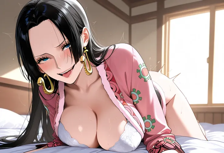 masterpiece, best quality, amazing quality, 1girl, Boa Hancock, one piece, blue eyes, black hair, long hair, naked, smile, medium shot, simple background, medium size boobs , golden ratio face, on bed, sexy pose , looking at me, wear a white bra , wear a p...