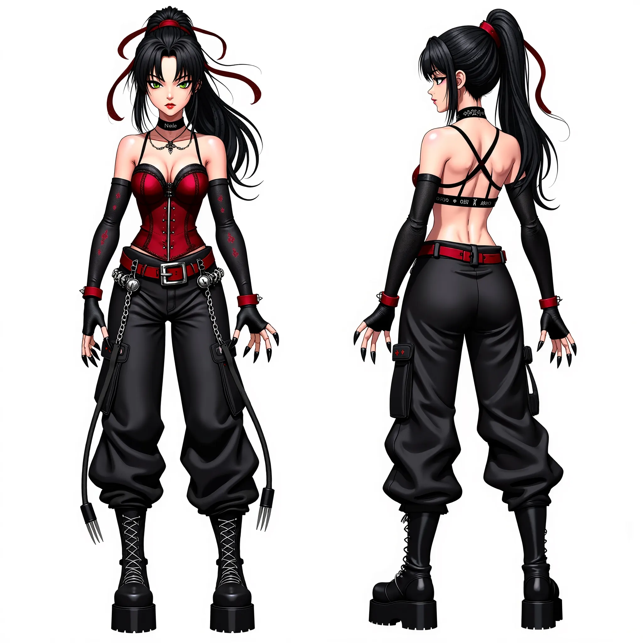 Anime character design, ((front view and back view)) ((full body)) with a gothic and punk aesthetic. Woman 30 years old, with long black hair tied in a high ponytail with floating red ribbons. Irregular bangs on her forehead. Her gaze is defiant, with shar...