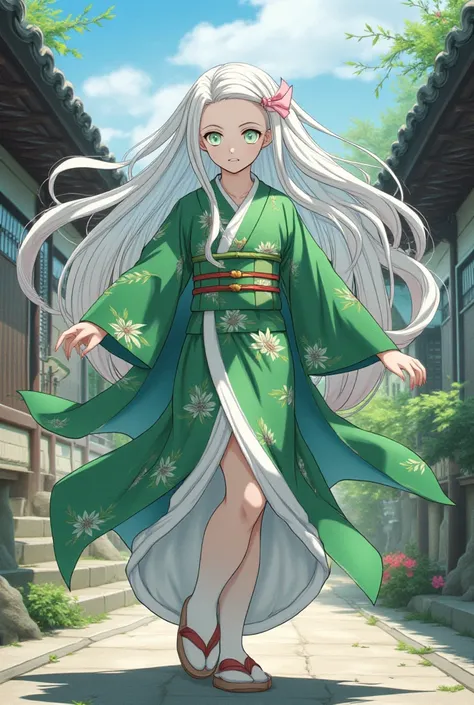 A female demon Slayer character with long hair, a cute floral kimono and Japanese flip flops in the style of the Demon Slayer anime, white hair, green eyes, green kimono. 