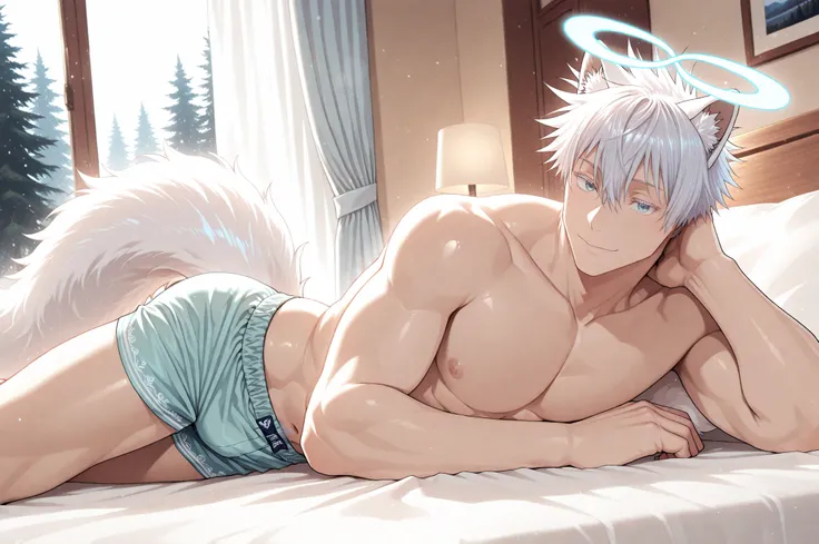 1boy, male focus, gojou satoru, jujutsu kaisen, short hair, hair between eyes, blue eyes, muscular, handsome, sexy man, mature male, cool, demon, norwegian forest cat boy, white cat ears, white tail, ((large fluffy tail)), kemonomimi mode, no human ears, h...