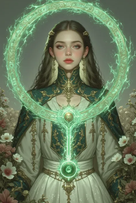 Chrono Divinities â Timeless Gods who control history through quantum tech. The female goddess in the images is casting a green magical time spell that resembles a floating clock, flowers in background, hkchrono 