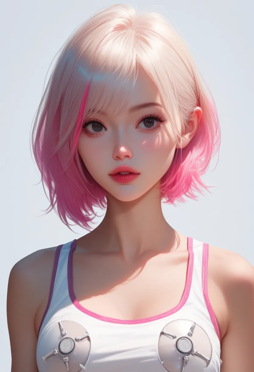 score_9, score_8_up, score_7_up,source_anime, high res image,masterpiece,best quality,girl,cute face,clear skin,white medium hair,pink highlight hair,black eyes,bust up,tanktop,implant breast,