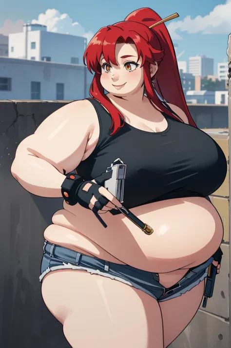 1 girl(big fat body),(obese figure:1.5), beautiful, sexy, red hair,  cowboy shot , Alone , Review,  evil smile ,  holding a weapon , pistol, pistol,  ponytail ,  sleeveless t-shirt, fingerless gloves,  denim shorts, funda,  belt,  newest , (clothes that fi...