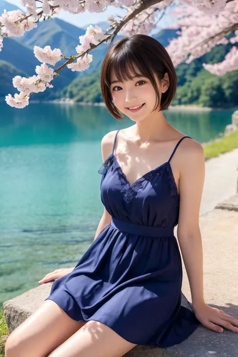  Japanese、 cute、 age woman 、Short Hair、Baby Face、smile、 looking at camera、 dress、Sheer pattern、clavicle、 thighs、cherry blossoms、lake、Magnificent Mountain、Spectacular views、 Sunny