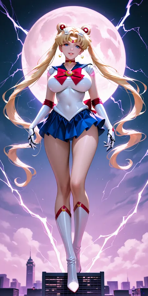 Masterpiece, newest, high contrast, very aesthetic, vibrant, mature female, sailor moon\(sailor moon\), sailor senshi uniform (sailor senshi uniform shirt, sailor senshi uniform gauntlets, sailor senshi uniform skirt, sailor senshi uniform high boots), big...