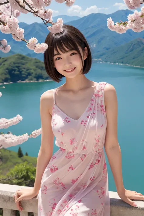  Japanese、 cute、 teenage woman 、Short Hair、Baby Face、smile、 looking at camera、 dress、Sheer pattern、clavicle、 thighs、cherry blossoms、lake、Magnificent Mountain、Spectacular views、 Sunny