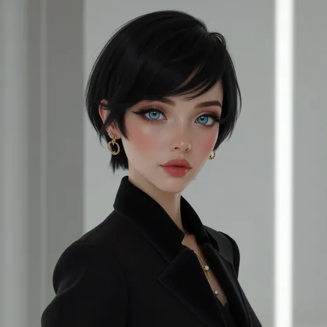 Draw realistically a fashionably dressed beautiful woman with short black hair with blue eyes