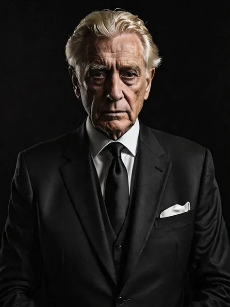 Portrait of an old blond man, finished , dark air, Psychopath wearing old black suit, Monarch suit ,  he is facing the camera, with the arms down, The suit is black, with white inner part and black tie 