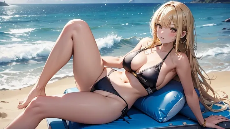 1girl, solo, bangs, long blonde hair, parted lips, medium breast, gold eyes, long hair, smile, solo, dynamic beach, wearing a sporty swimsuit such as a rash guard and bikini bottoms. Her look includes practical, sporty accessories like mirrored sunglasses....